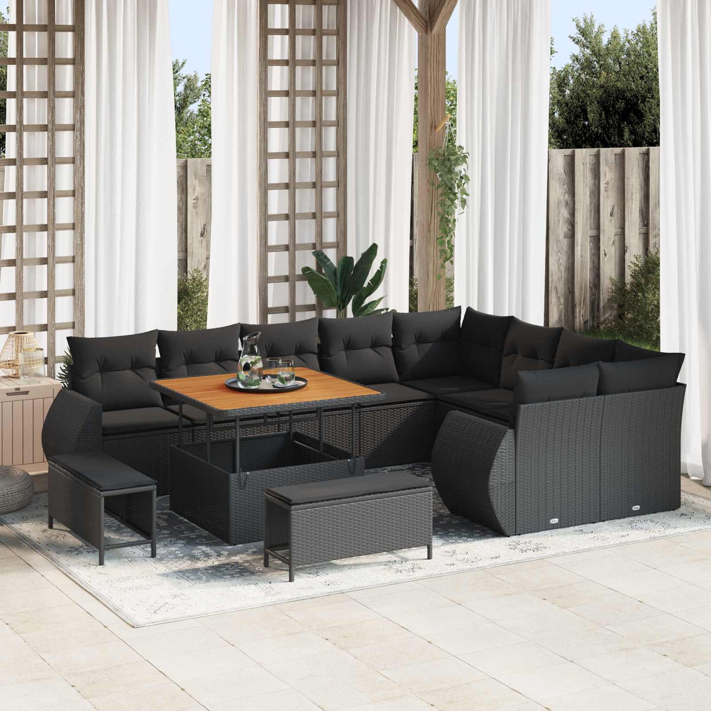 Garten-Sofa-Set mit Kissen mit Speicher 12 pcs Schwarz