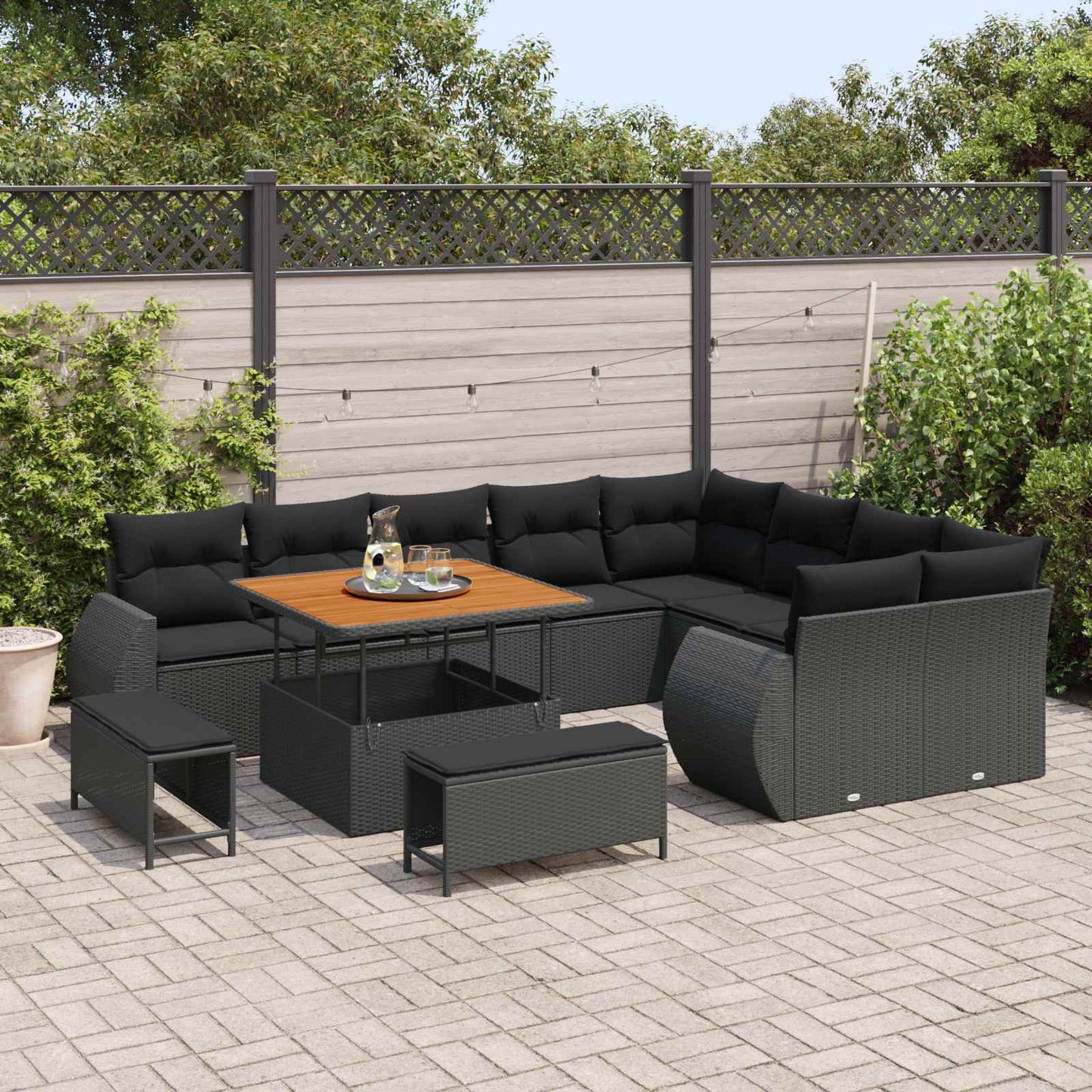 Garten-Sofa-Set mit Kissen mit Speicher 12 pcs Schwarz