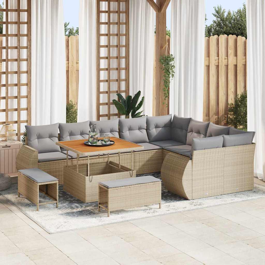 Gartensofa-set mit Kissen 12 pcs Beige und Hellgrau Poly Rattan