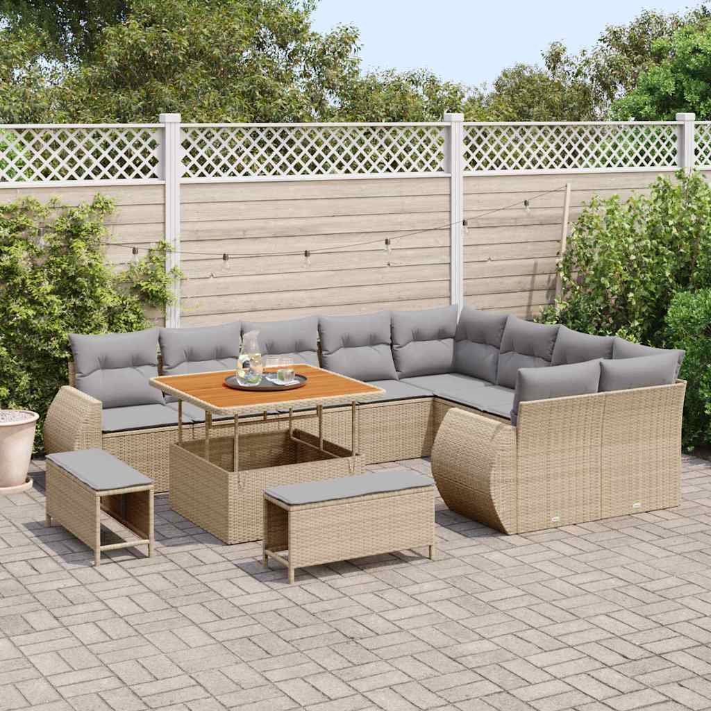 Gartensofa-set mit Kissen 12 pcs Beige und Hellgrau Poly Rattan