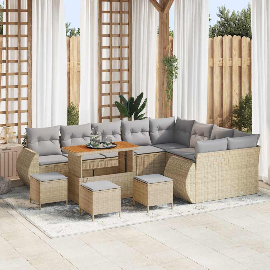 Gartensofa-set mit Kissen 13 pcs Beige und Hellgrau Poly Rattan