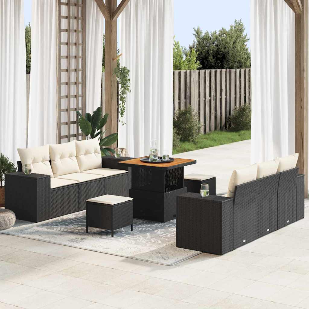 Gartensofa-set mit Kissen 9 pcs Schwarz und Creme Poly Rattan