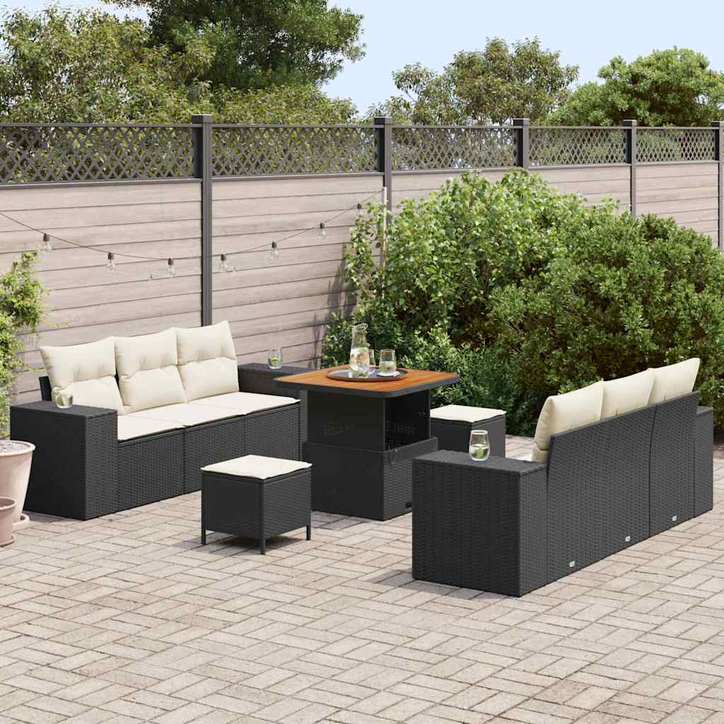 Gartensofa-set mit Kissen 9 pcs Schwarz und Creme Poly Rattan
