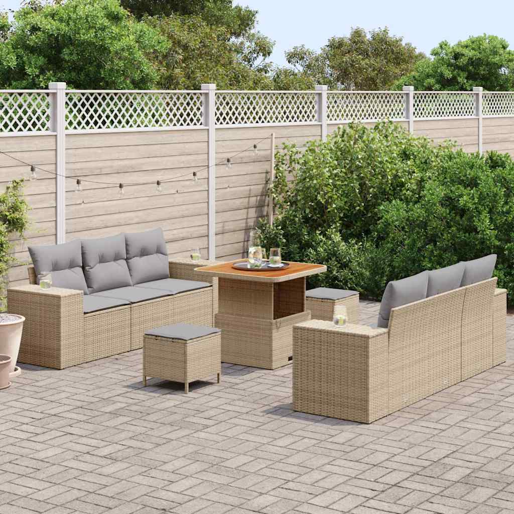 Gartensofa-set mit Kissen 9 pcs Beige und Hellgrau Poly Rattan