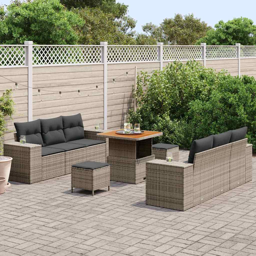 Gartensofa-set mit Kissen mit Speicher 9 pcs Grau Poly Rattan