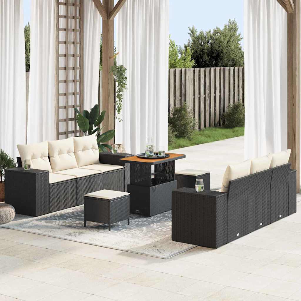 Gartensofa-set mit Kissen 9 pcs Schwarz und Creme Poly Rattan