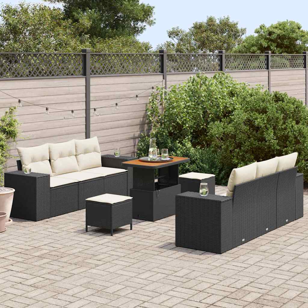 Gartensofa-set mit Kissen 9 pcs Schwarz und Creme Poly Rattan