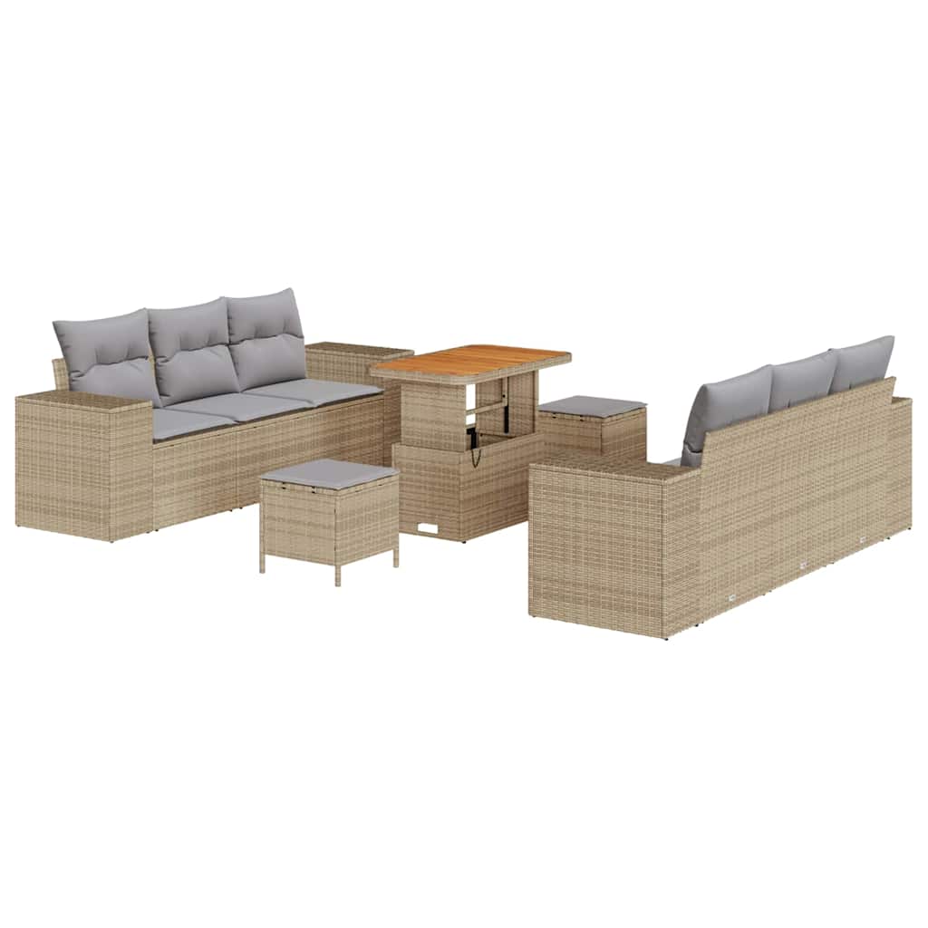 Gartensofa-set mit Kissen 9 pcs Beige und Hellgrau Poly Rattan
