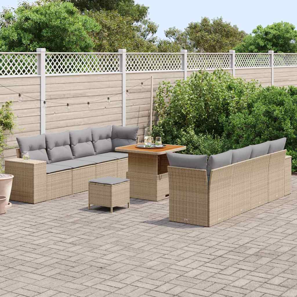 Gartensofa-set mit Kissen 11 pcs Beige und Hellgrau Poly-Rattan