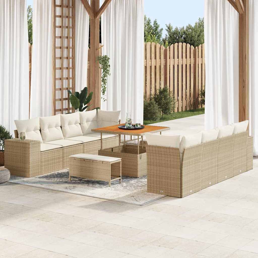 Gartensofa-set mit Kissen 11 pcs Beige und Creme Poly-Rattan