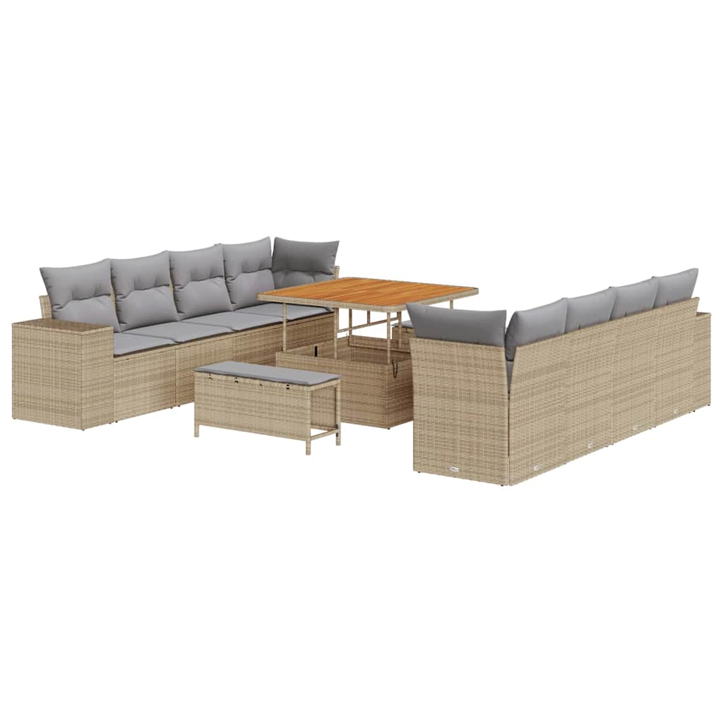 Gartensofa-set mit Kissen 11 pcs Beige und Hellgrau Poly-Rattan