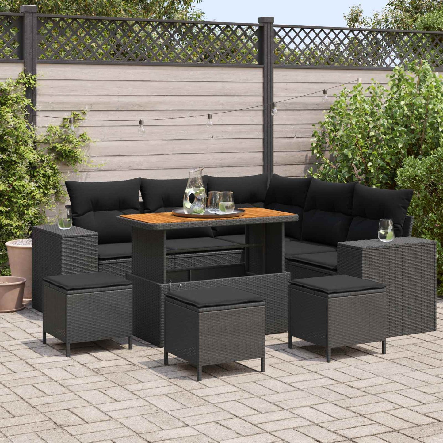 Garten-Sofa-Set mit Kissen mit Speicher 9 pcs Schwarz