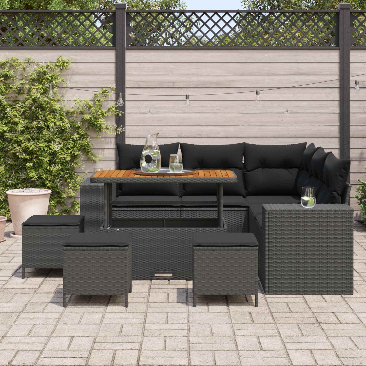 Garten-Sofa-Set mit Kissen mit Speicher 9 pcs Schwarz