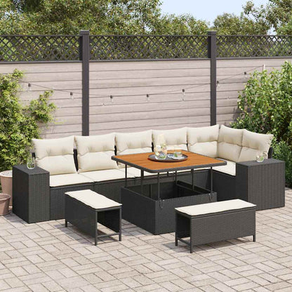 Gartensofa-set mit Kissen 9 pcs Schwarz und Creme Poly-Rattan