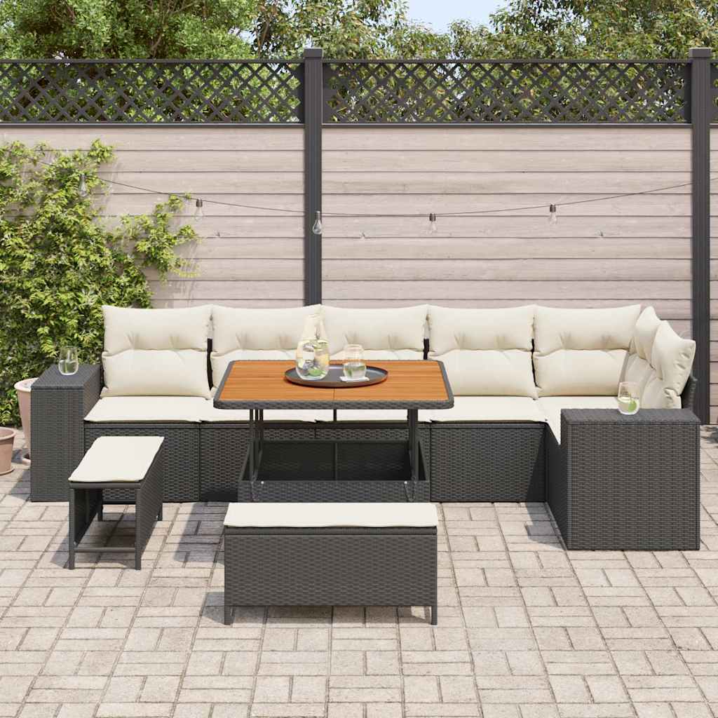 Gartensofa-set mit Kissen 9 pcs Schwarz und Creme Poly-Rattan