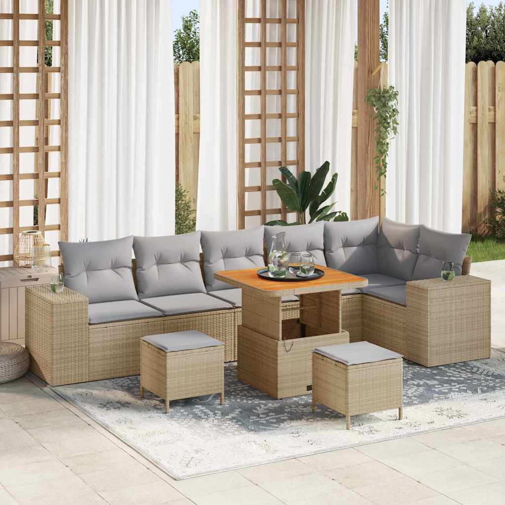 Gartensofa-set mit Kissen 9 pcs Beige und Hellgrau Poly-Rattan