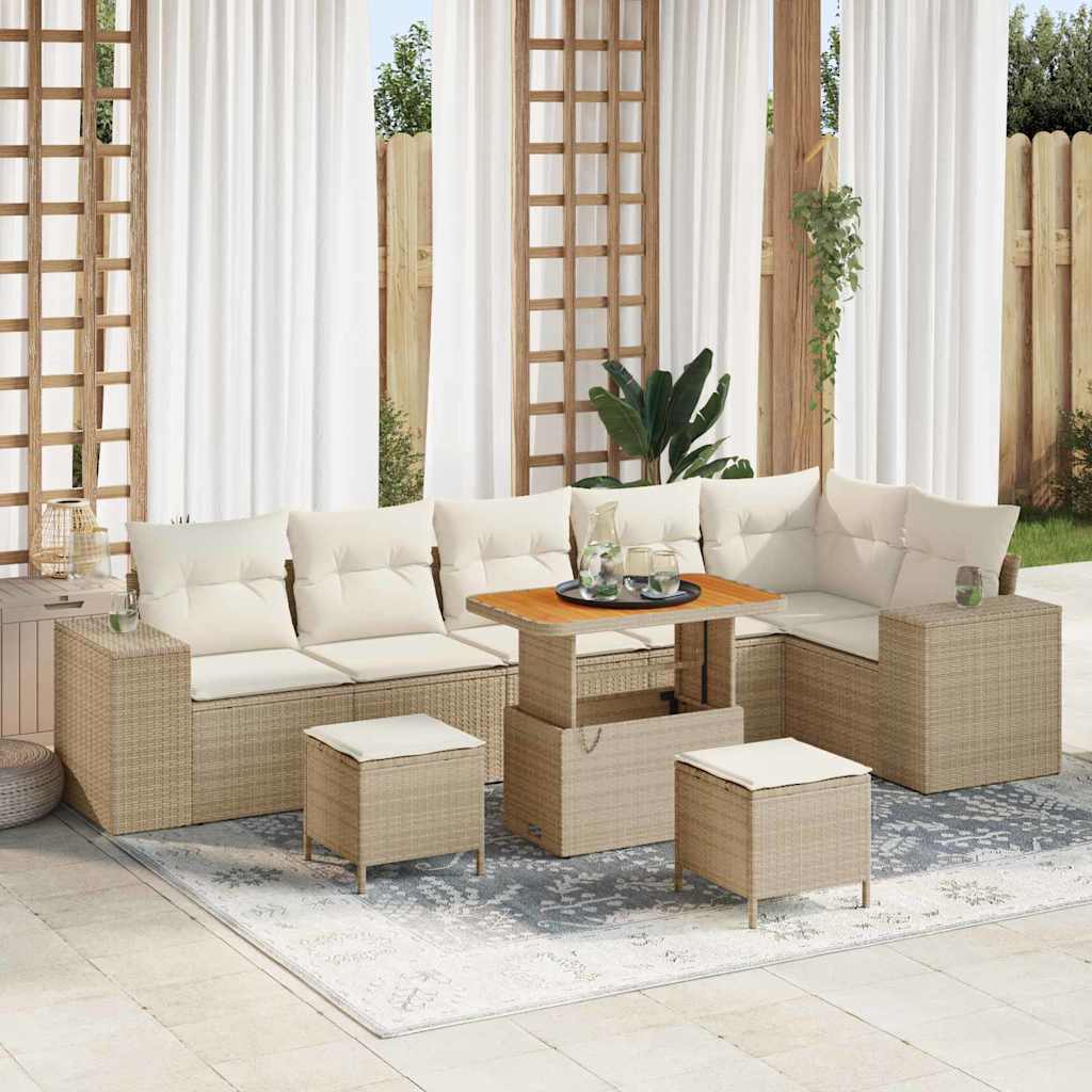 Garten-Sofa-Set mit Kissen mit Speicher 9 pcs Beige und Creme