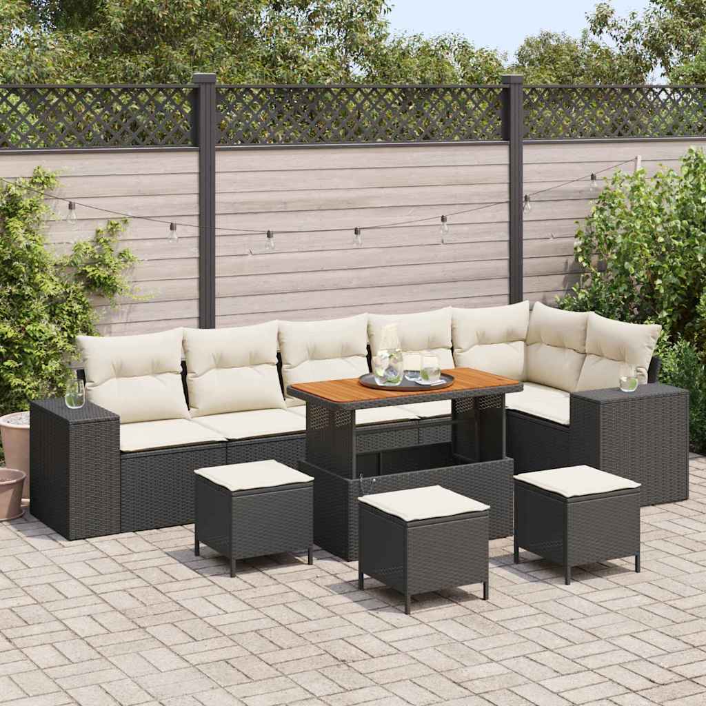 Gartensofa-set mit Kissen 10 pcs Schwarz und Creme Poly-Rattan