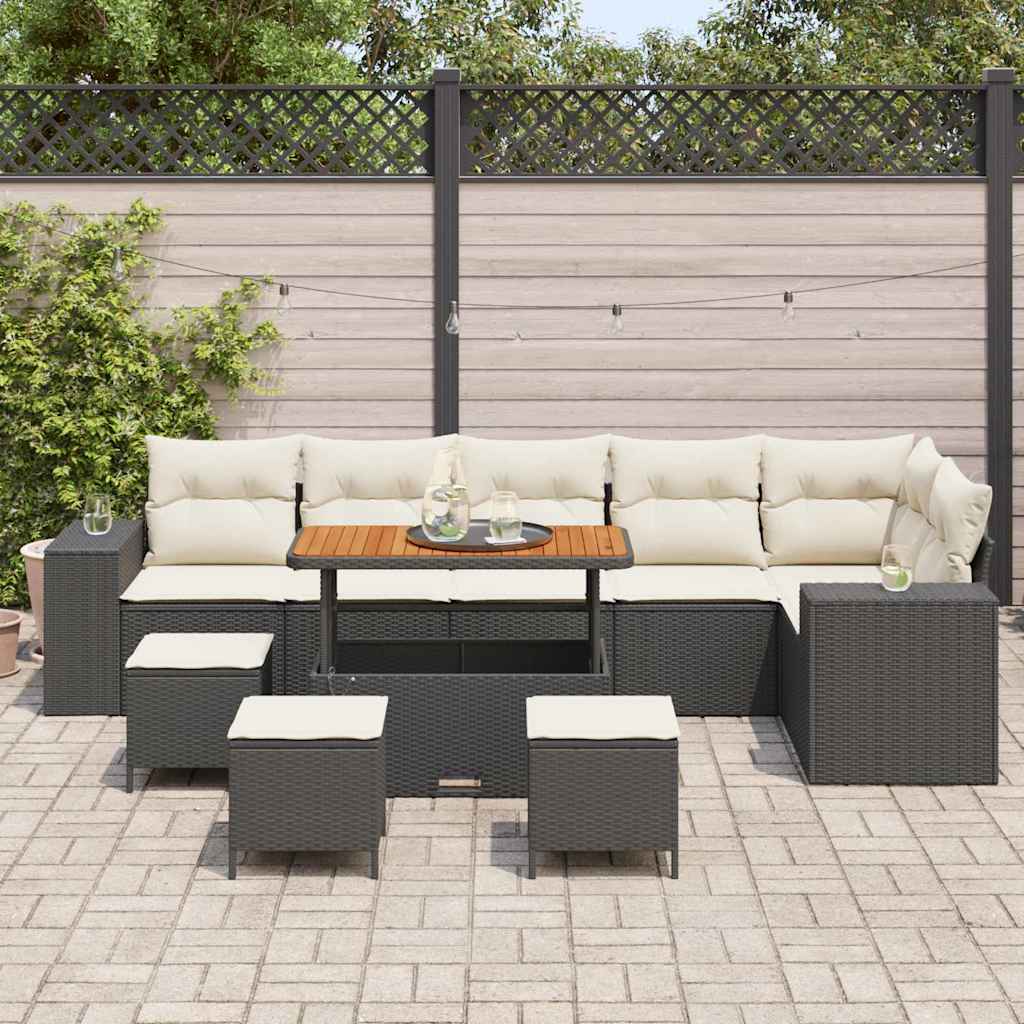 Gartensofa-set mit Kissen 10 pcs Schwarz und Creme Poly-Rattan