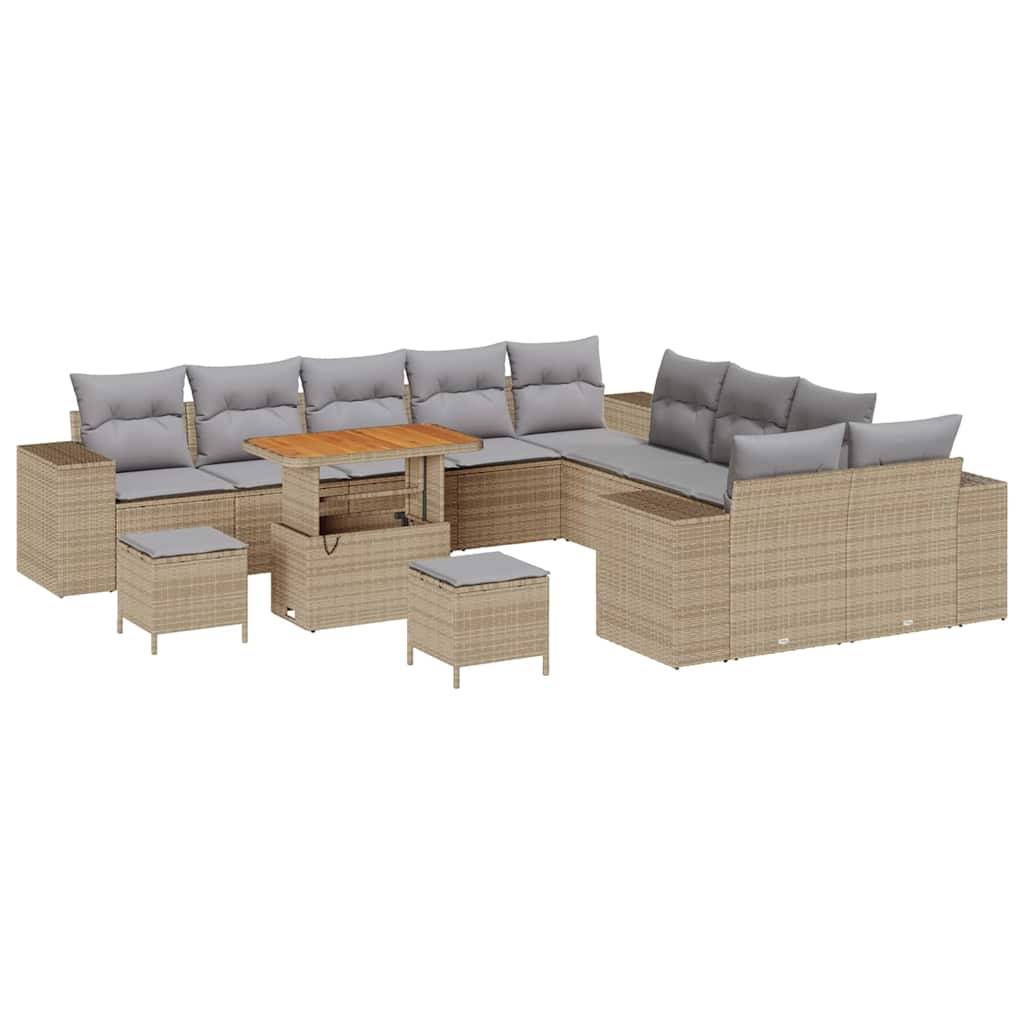 Gartensofa-set mit Kissen 13 pcs Beige und Hellgrau Poly-Rattan