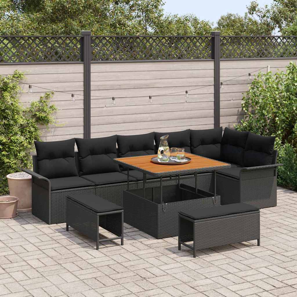 Garten-Sofa-Set mit Kissen mit Speicher 9 pcs Schwarz