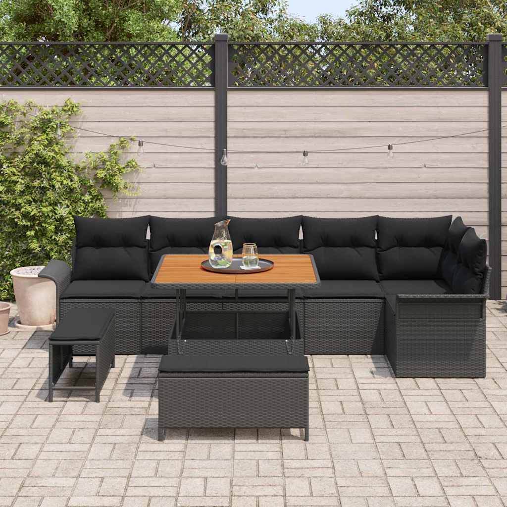 Garten-Sofa-Set mit Kissen mit Speicher 9 pcs Schwarz