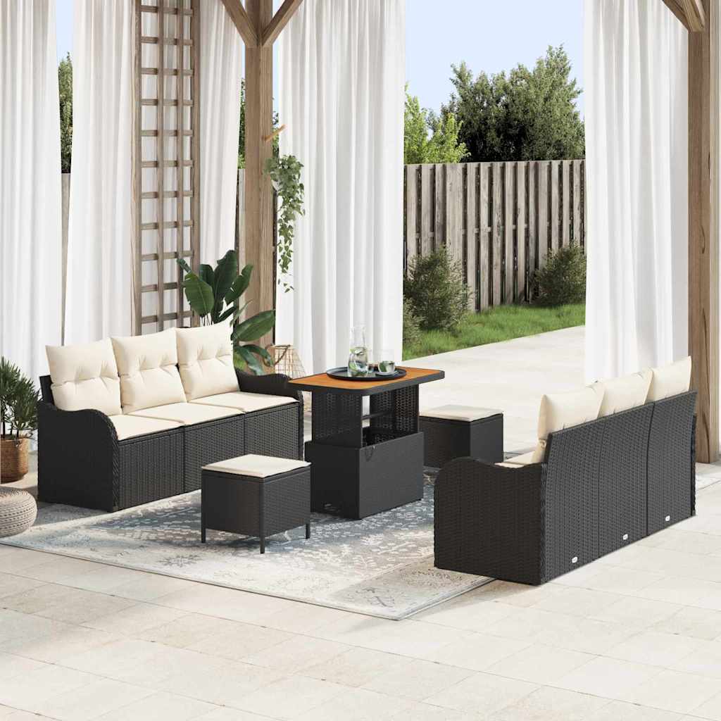 Garten-Sofa-Set mit Kissen mit Speicher 9 pcs Schwarz und Creme