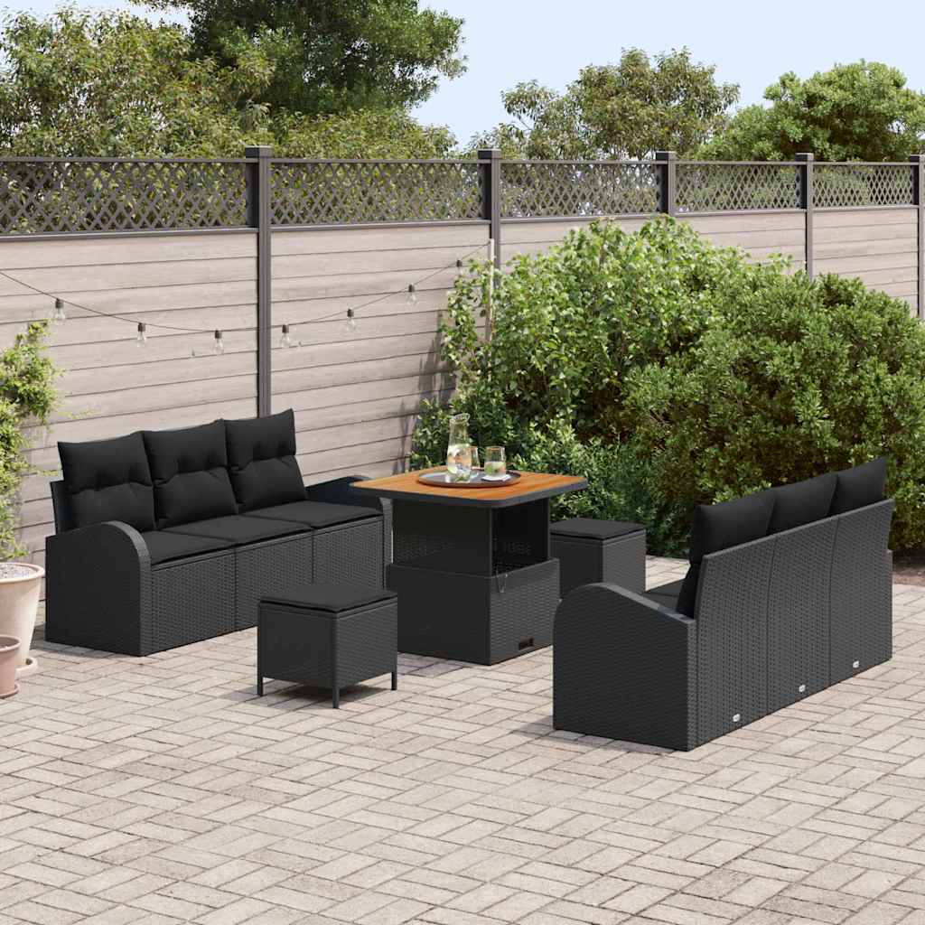 Garten-Sofa-Set mit Kissen mit Speicher 9 pcs Schwarz