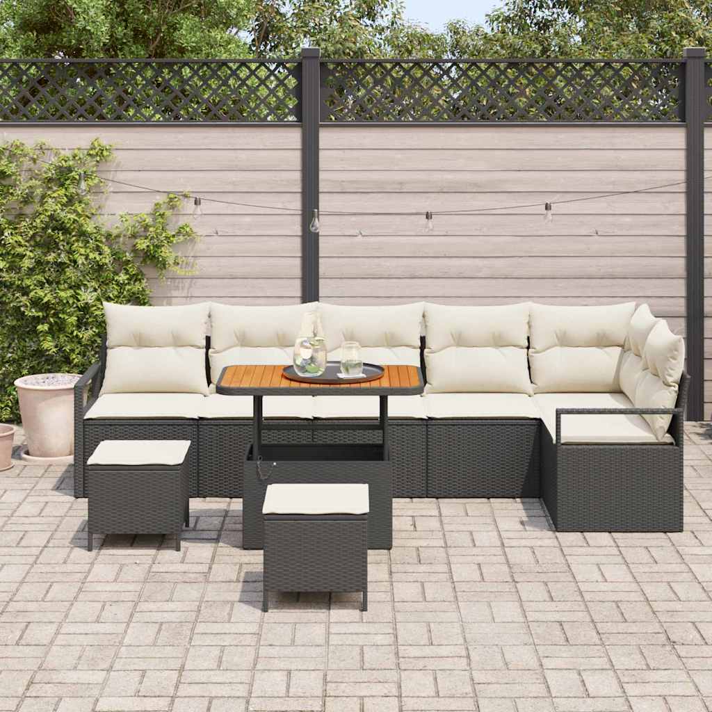 Garten-Sofa-Set mit Kissen mit Speicher 9 pcs Schwarz und Creme