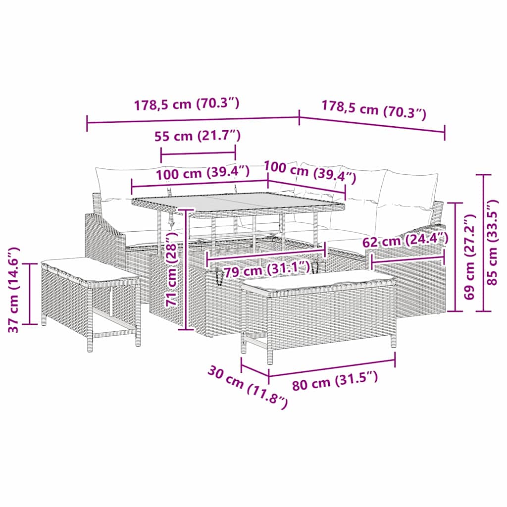 Gartensofa-set mit Kissen mit Speicher 8 pcs Grau Poly Rattan