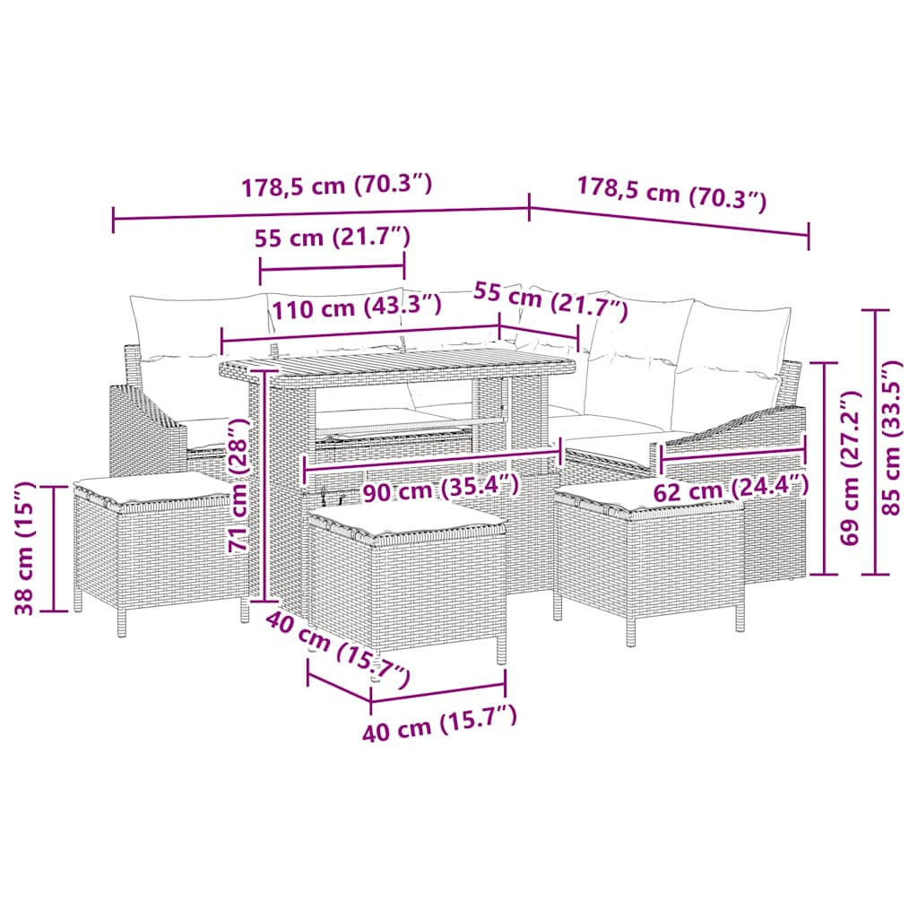 vidaXL Gartensofa-set mit Kissen mit Speicher 9 pcs Beige Poly Rattan