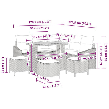 vidaXL Gartensofa-set mit Kissen mit Speicher 9 pcs Beige Poly Rattan