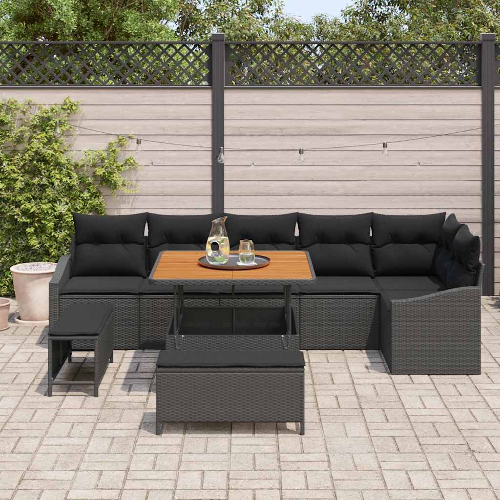 Gartensofa-set mit Kissen 9 pcs Schwarz Poly Rattan