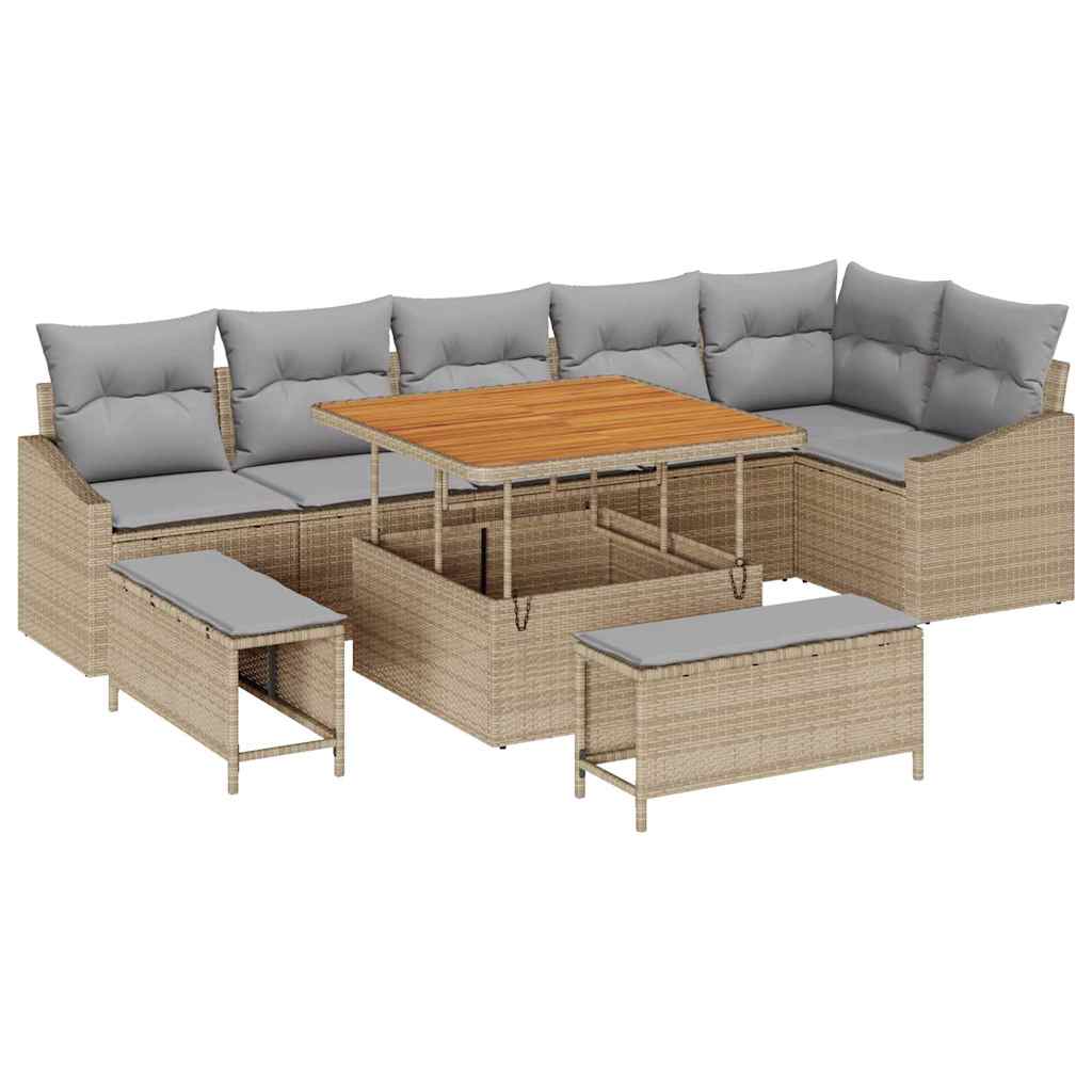 Gartensofa-set mit Kissen mit Speicher 9 pcs Beige Poly Rattan