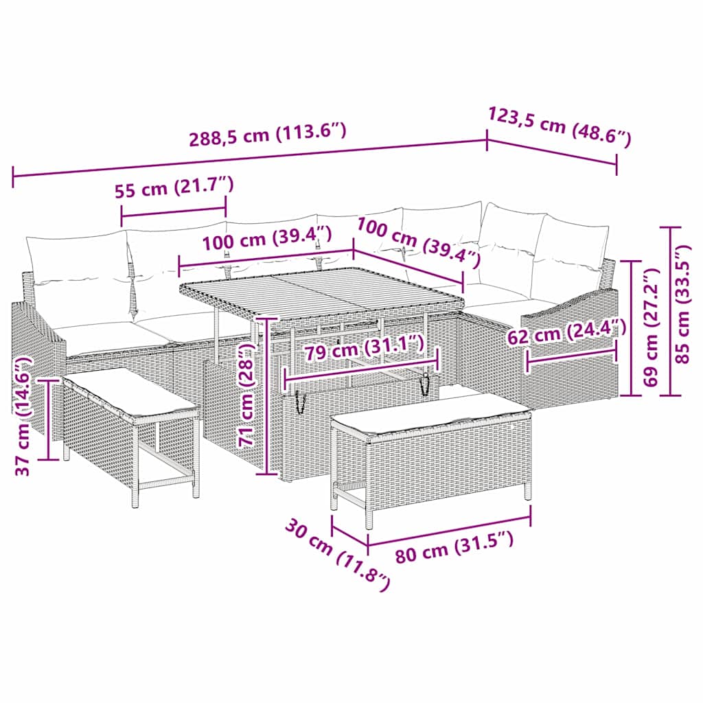 Gartensofa-set mit Kissen mit Speicher 9 pcs Grau Poly Rattan