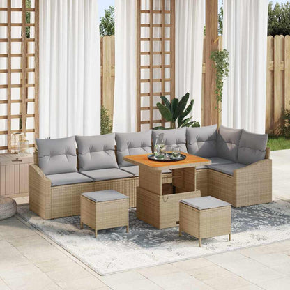 Gartensofa-set mit Kissen mit Speicher 9 pcs Beige Poly Rattan
