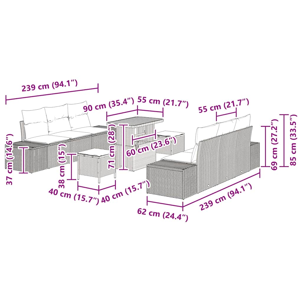 vidaXL Ensemble de canapés de jardin avec coussins 9 pcs Résine tressée Noir