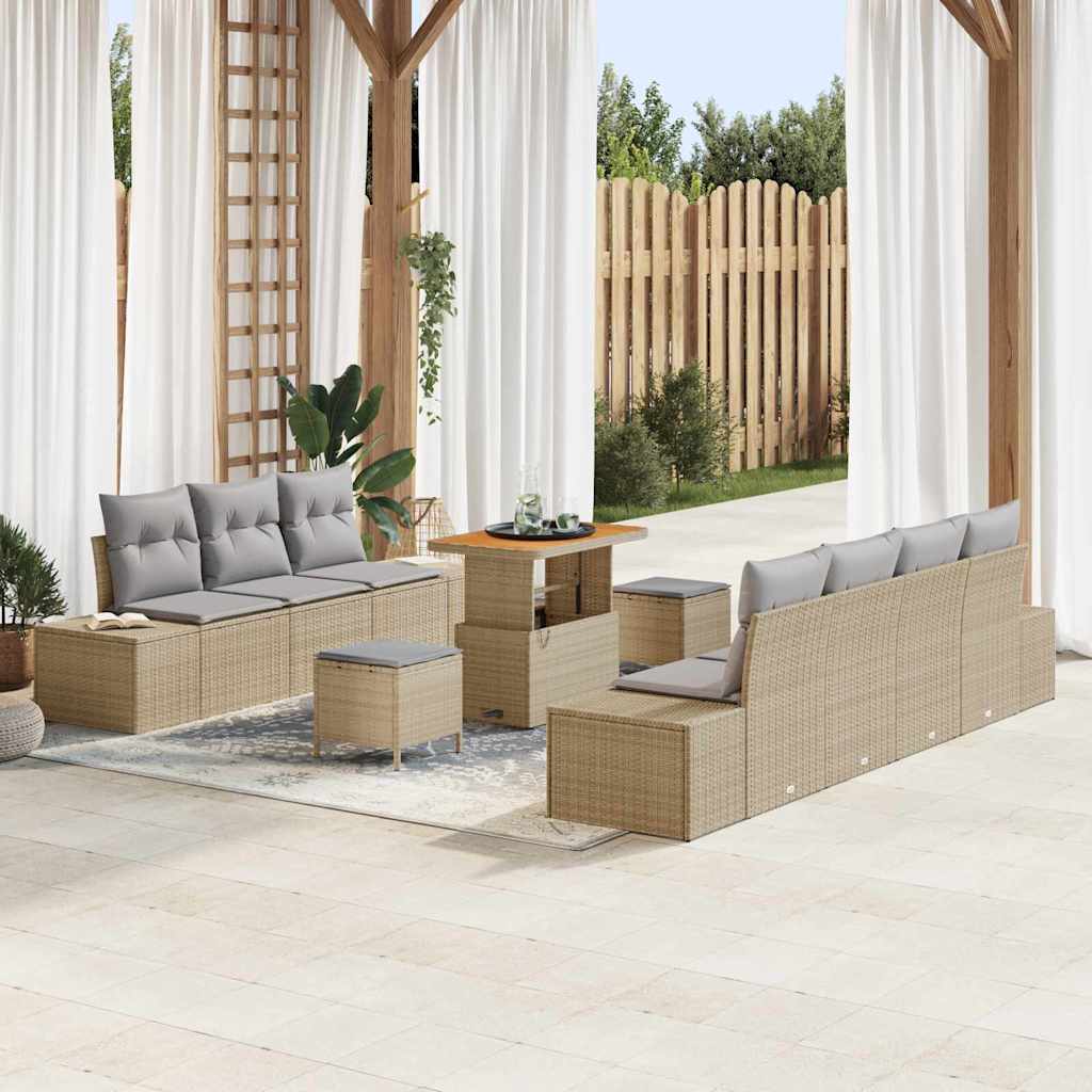 vidaXL Salon de jardin avec coussins et espace de rangement 10 pcs Résine tressée Beige