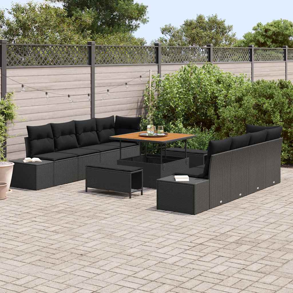 Gartensofa-set mit Kissen 11 pcs Schwarz Poly Rattan