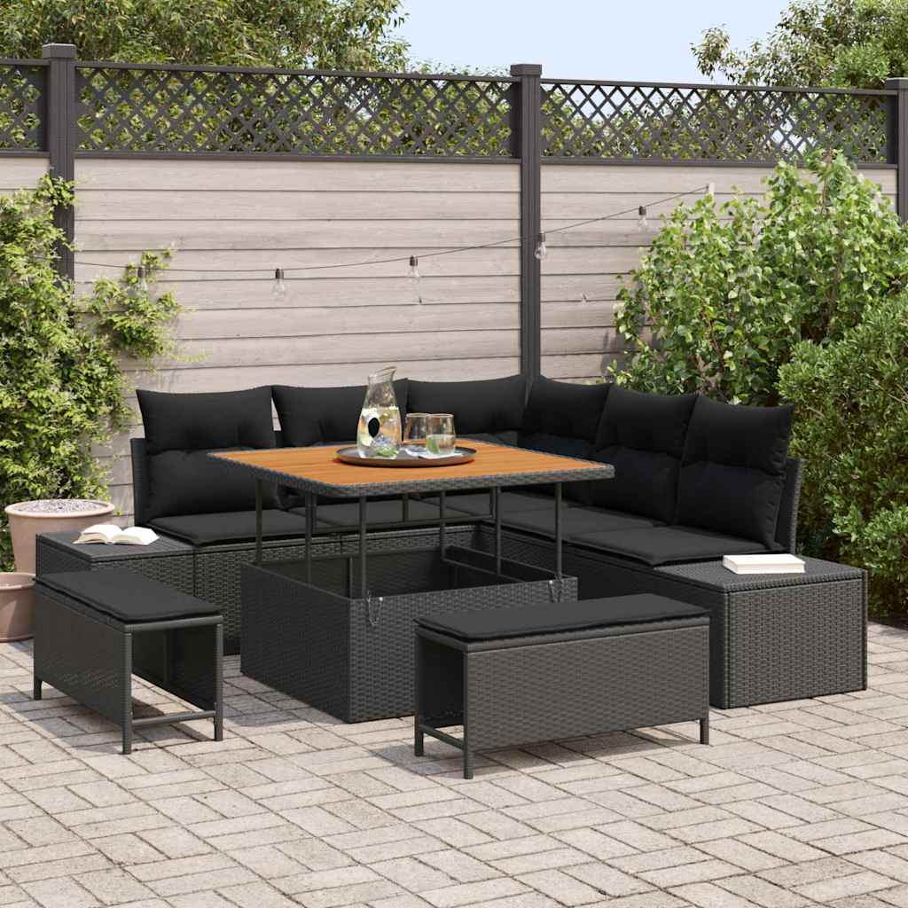 Gartensofa-set mit Kissen 8 pcs Schwarz Poly Rattan