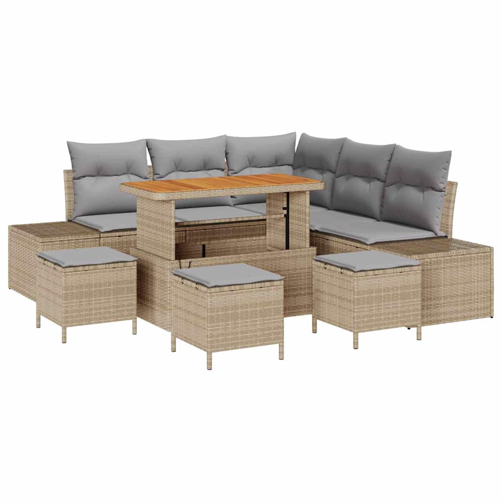 Gartensofa-set mit Kissen mit Speicher 9 pcs Beige Poly Rattan