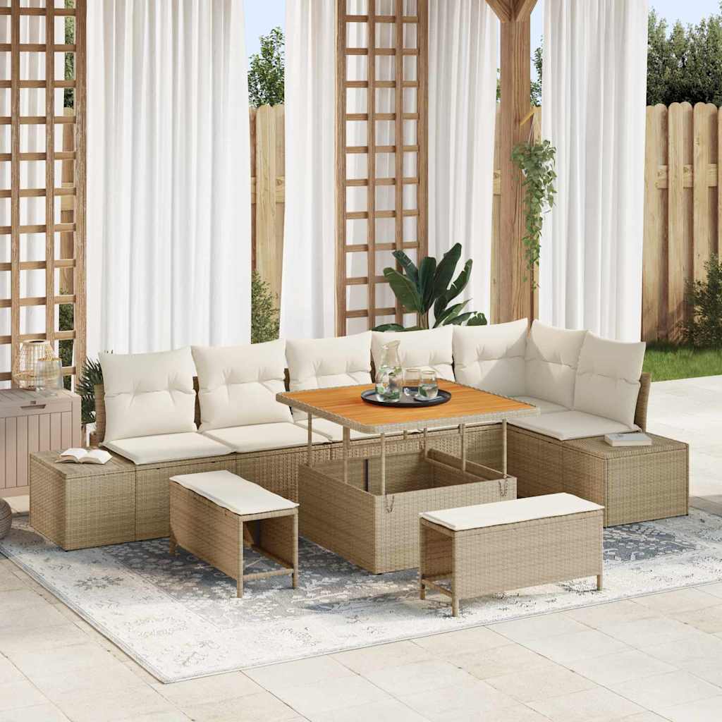 Gartensofa-set mit Kissen mit Speicher 9 pcs Beige Poly Rattan