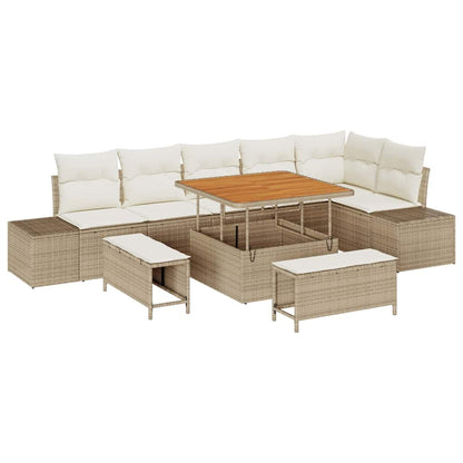 Gartensofa-set mit Kissen mit Speicher 9 pcs Beige Poly Rattan