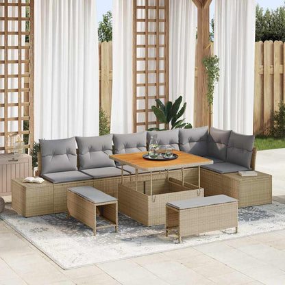 Gartensofa-set mit Kissen mit Speicher 9 pcs Beige Poly Rattan