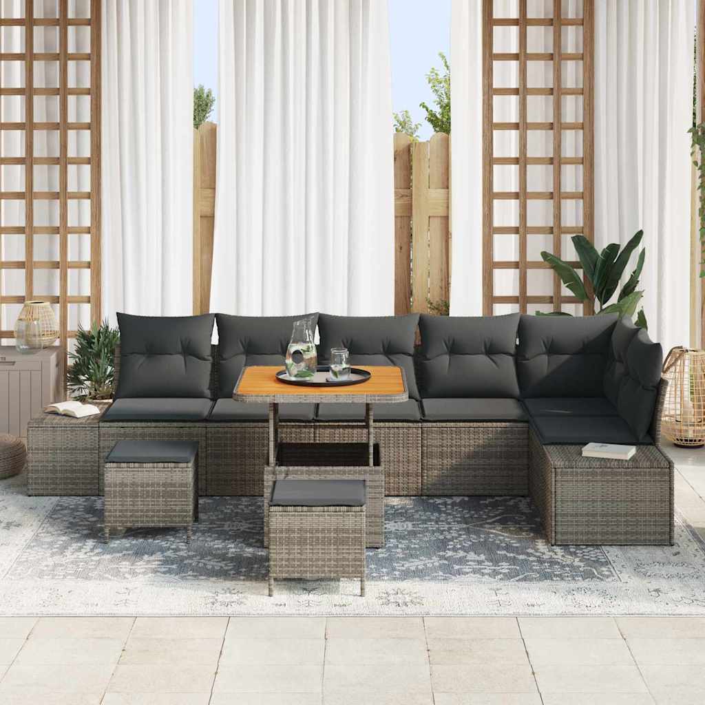 vidaXL Salon de jardin avec coussins et espace de rangement 9 pcs Résine tressée Gris