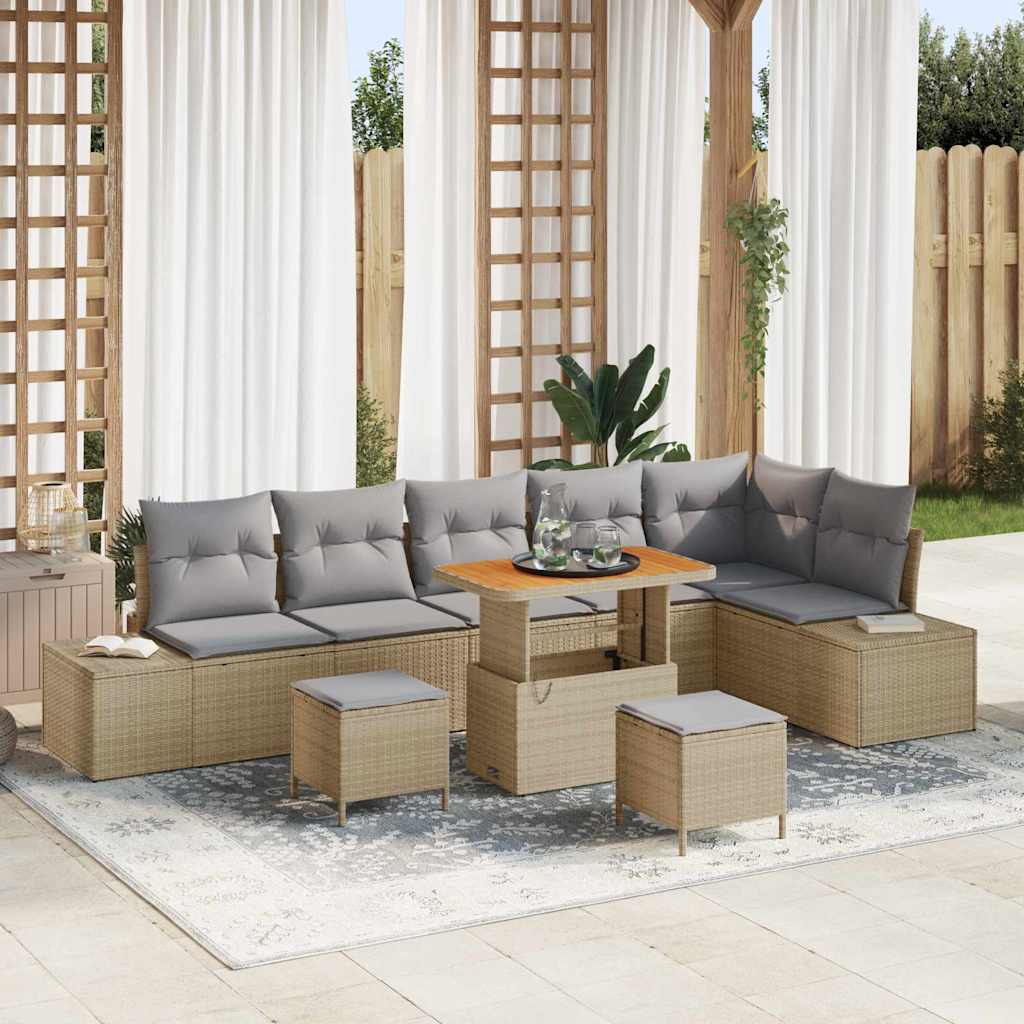 Gartensofa-set mit Kissen mit Speicher 9 pcs Beige Poly Rattan