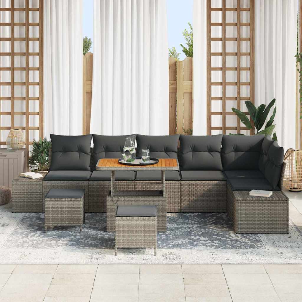 Gartensofa-set mit Kissen mit Speicher 9 pcs Grau Poly Rattan