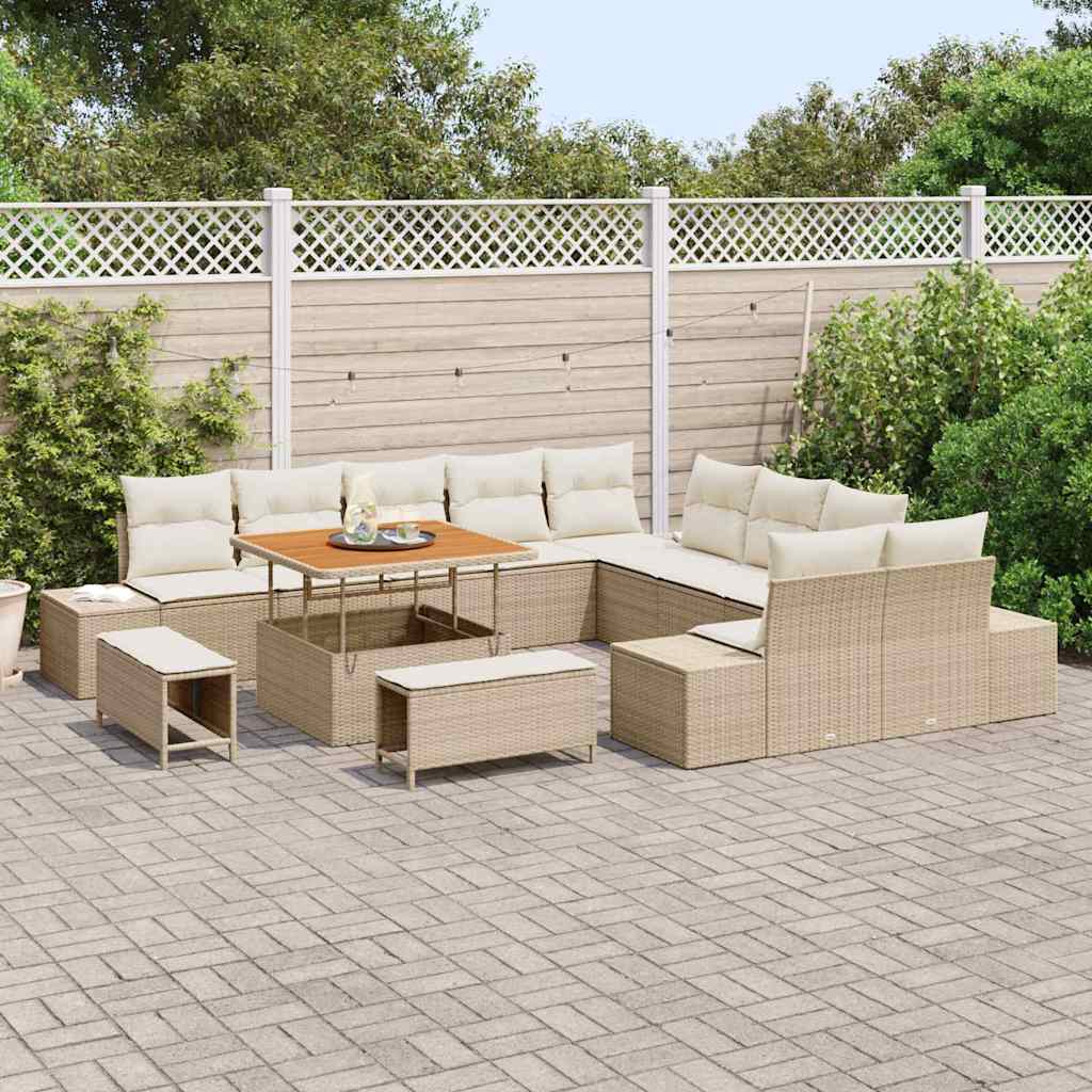 Gartensofa-set mit Kissen mit Speicher 13 pcs Beige Poly Rattan