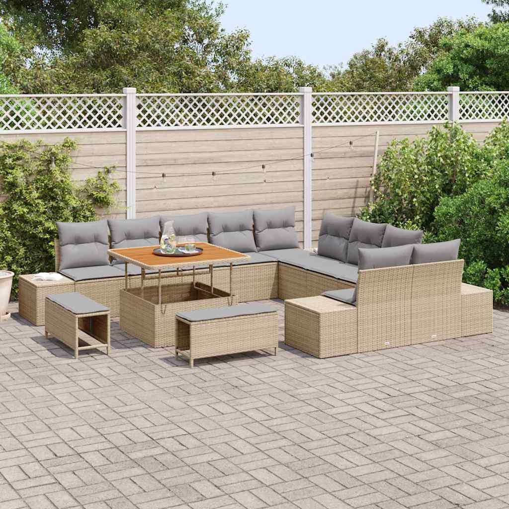 Gartensofa-set mit Kissen mit Speicher 13 pcs Beige Poly Rattan