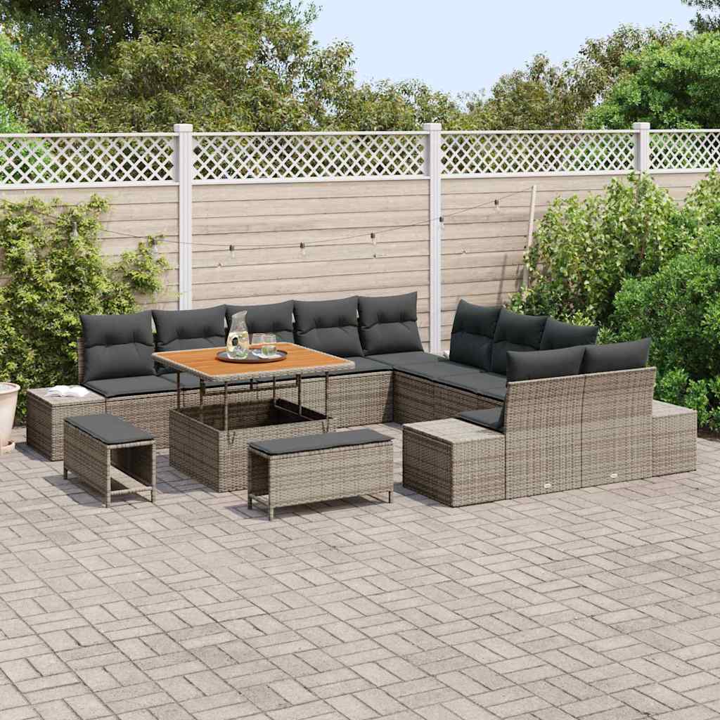 Gartensofa-set mit Kissen mit Speicher 13 pcs Grau Poly Rattan